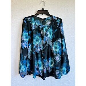 Nine West Women's Floral Long Sleeve Button Down Blouse V Neck Pleated Medium